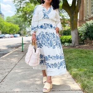 Chico's | Dresses | Chicos Womens 2p Womens 2 Petite Blue White Blouson Maxi  Dress New Boho | Poshmark